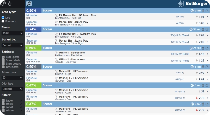 BetBurger paid and free arbitrage betting software in action