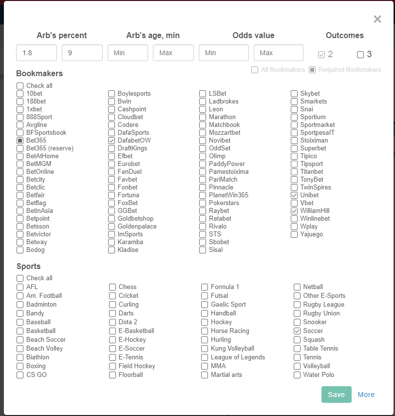 betburger arb finder filtering system 