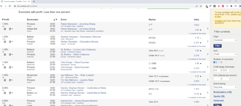 surebet.com free arbitrage bet finder screenshot