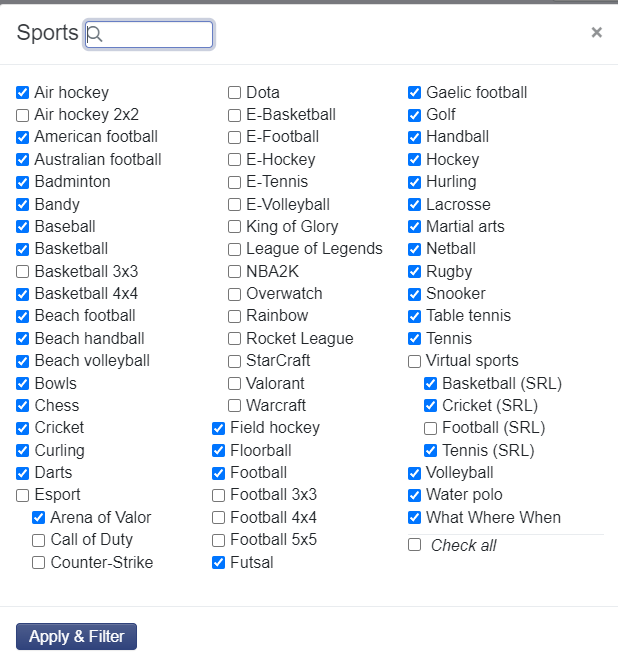 Surebet.com sports filters