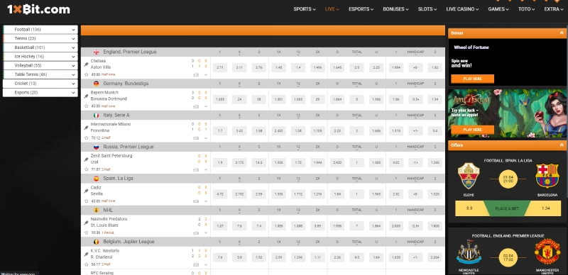 1xBit betting sites sports interface odds screenshot