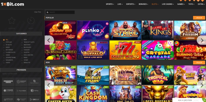 1xBit gambling site slots interface screenshot